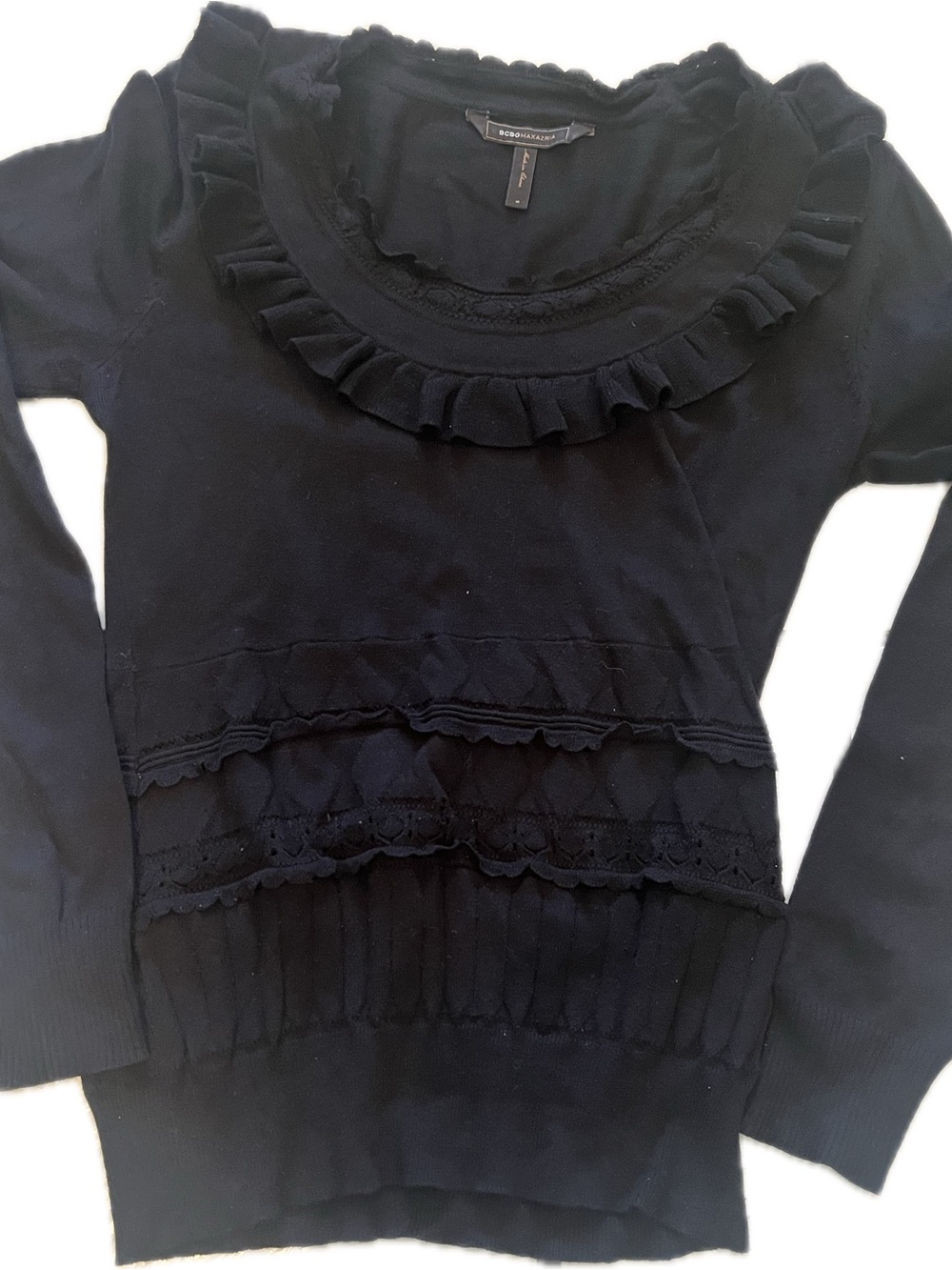 BCBGMaxAzria Black Ruffle-Trim Long Sleeve Top